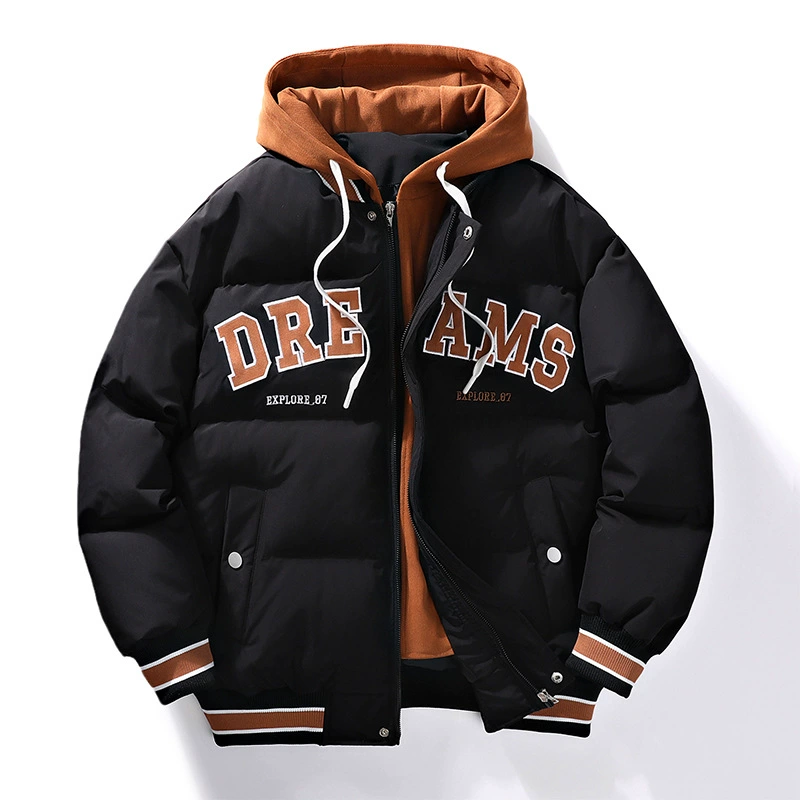 Вышитая хлопчатобумажная одежда мужской зимний новый модный цвет подросток с капюшоном поддельные две части пальто теплая пара хлопчатобумажная куртка