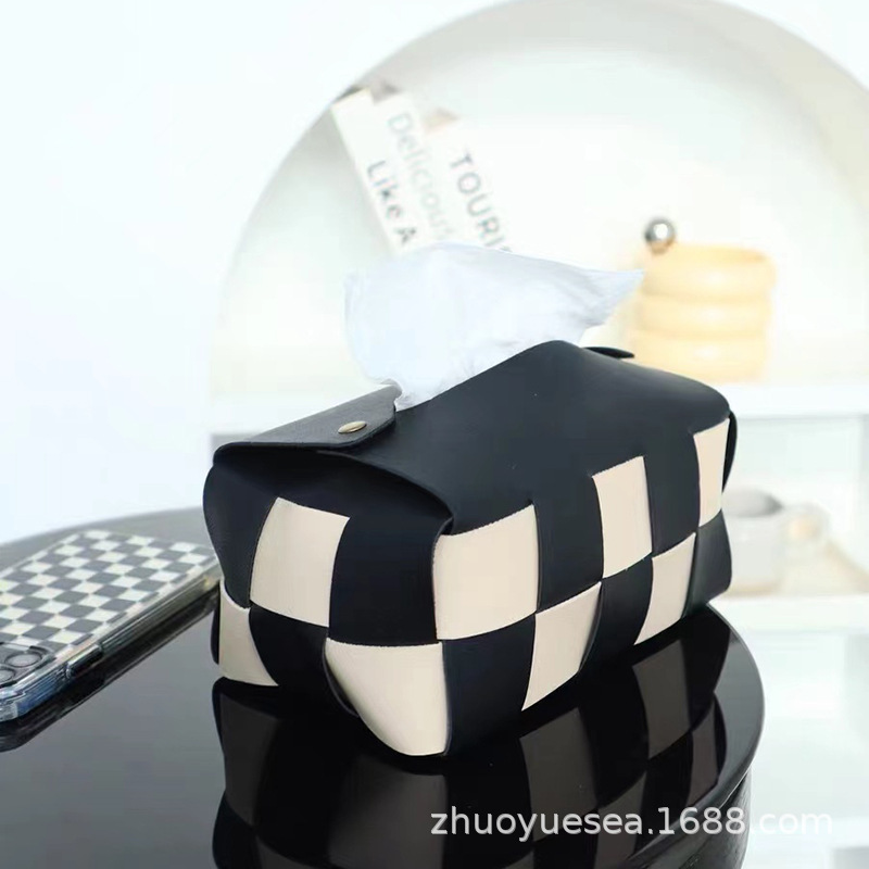 DIY 가죽 짠 티슈 상자 창조적 인 새로운 바둑판 흑백 종이 상자 PU 가정용 티슈 보관 상자