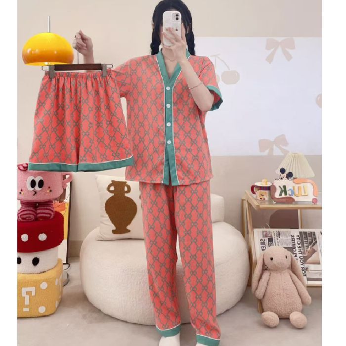 Pijamas de algodón de nube de amor dulce a cuadros de dopamina para mujer verano nuevo estilo pantalones de manga corta ropa a domicilio traje de tres piezas