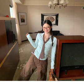 学院风设计感小众长袖Polo领T恤秋季修身显瘦内搭复古设计感上衣