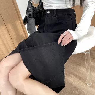 开叉高腰牛仔裙半身裙女春小个子中长款黑灰色春秋a字裙子包臀裙