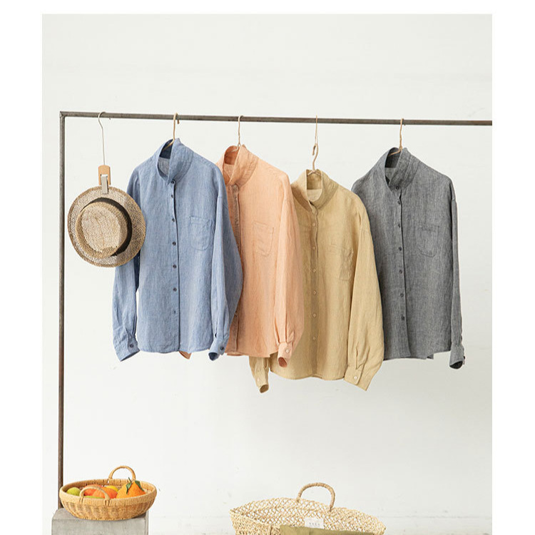 High-End 21-Count 100% Linen Two-Color Yarn-Dyed Fabric Slimming Look Literary Clear Casual Shirt Loose and Versatile Shirt