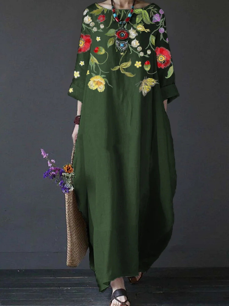 Independent Brand Printed Women's Clothing, European And American Three-quarter Sleeve Midi Dress, Floral Bohemian_ecoleips.com