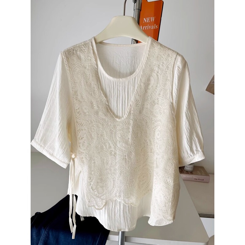 2026 New Style Lace Fake Two-Piece Short-Sleeved Shirt for Women, Summer Stylish Loose Slimming Short-Sleeved T-Shirt Top A3792