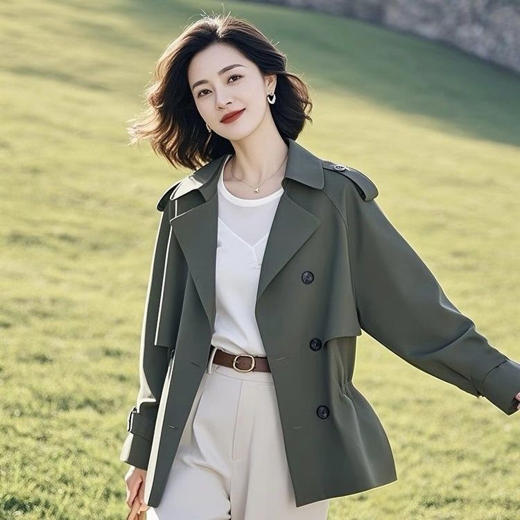 Spring 2025 Spring New Unique Short Loose Coat Women's Casual Green Outer Wear Elegant Trunkcoat