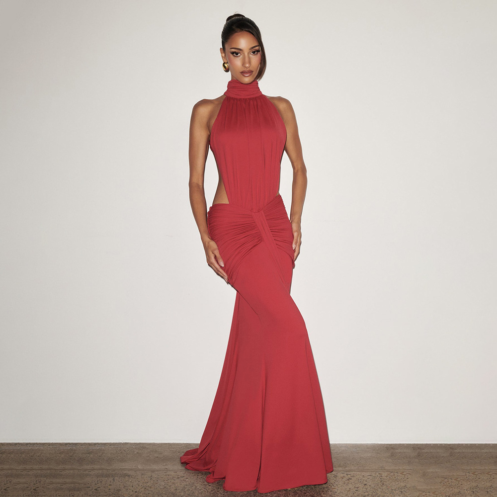 Europa y América trajes de mujer transfronterizos 2026 primavera nuevo color sólido temperamento elegante sexy delgado vestido de cola de pez con espalda descubierta mujer