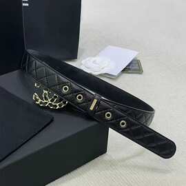 小香风复古3.0cm羊皮菱格链条金属孔通勤皮带牛仔裤