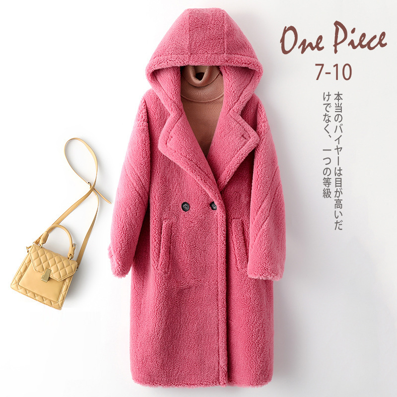 Teddy Bear Coat Women's 2025 Winter New Sheep Shear Mid-Length Hooded Lamb Fur One-Piece Fur Coat