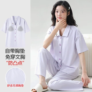 睡衣女士夏季带胸垫纯棉薄款短袖简约宽松七分裤家居服套装