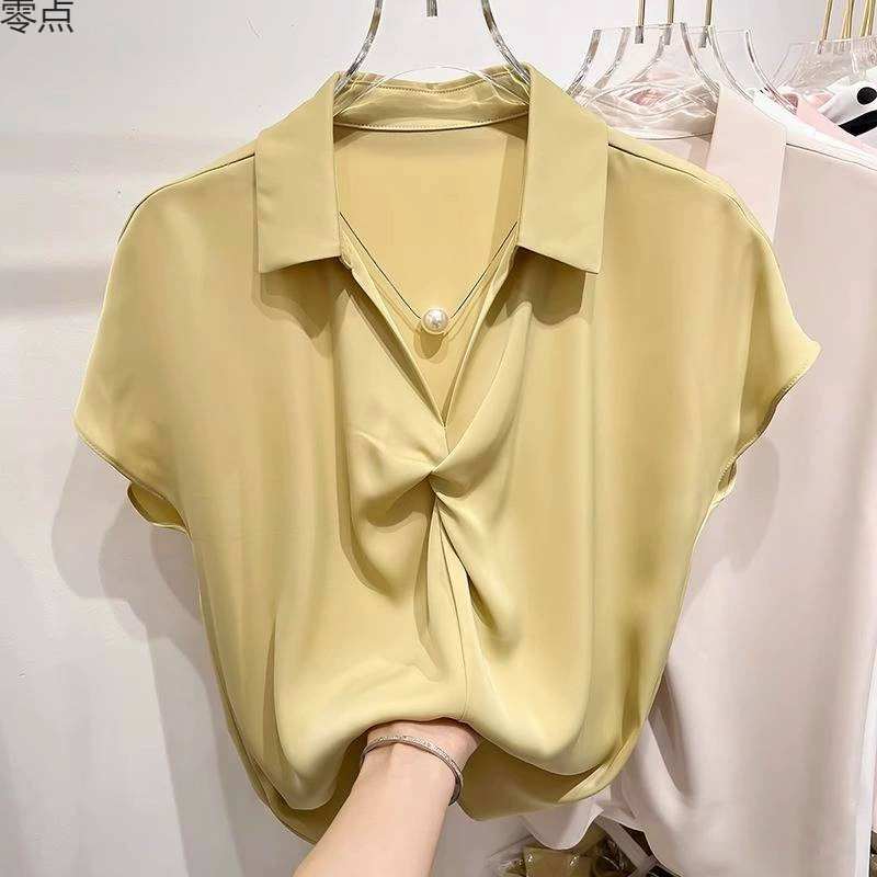 Шифоновая блузка женская 2025 лето новая европейская рубашка элегантная с тонким воротником плиссированная однотонная с коротким рукавом