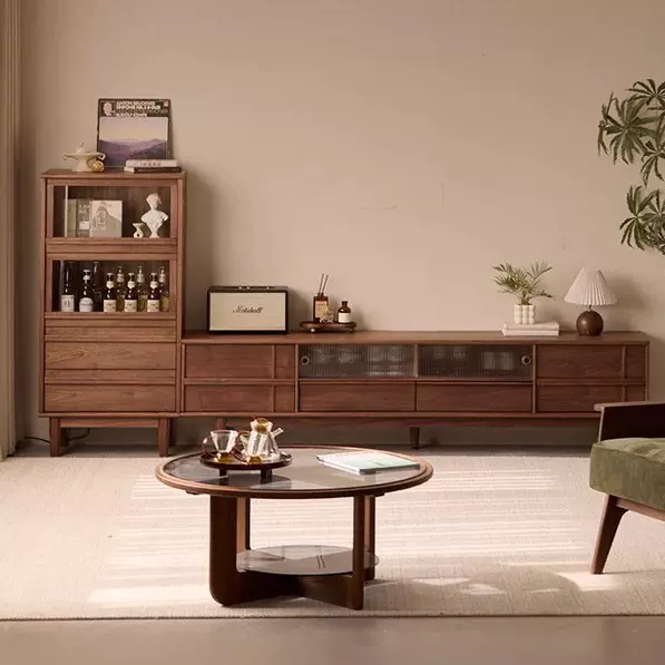 北美黑胡桃木实木电视柜樱桃木家用客厅多功能储物地中古风电视柜