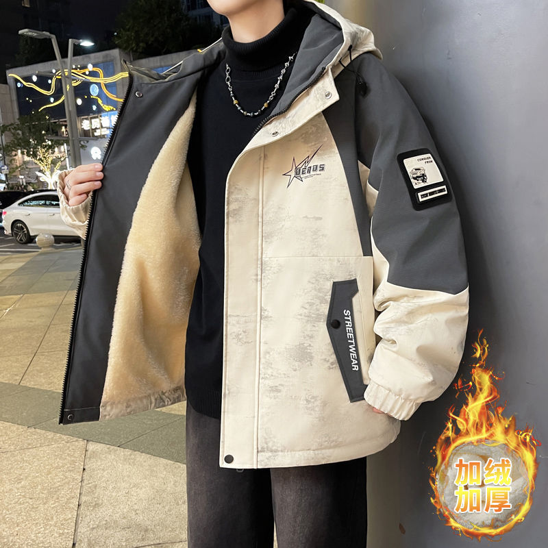 外套男秋冬款加绒加厚夹克脏脏灰款潮流帅气学生青少年秋冬款外套