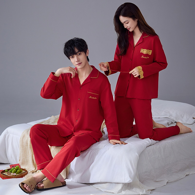 Pijama de algodón femenino primavera y otoño manga larga suelta boda recién casada festiva ropa de casa de hombre rojo pareja dos conjuntos