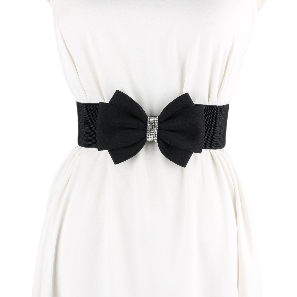 Ceinture décorative à nœud papillon avec jupe, ceinture large élastique rouge incrustée de diamants pour femmes, taille polyvalente amincissante_voghion.com