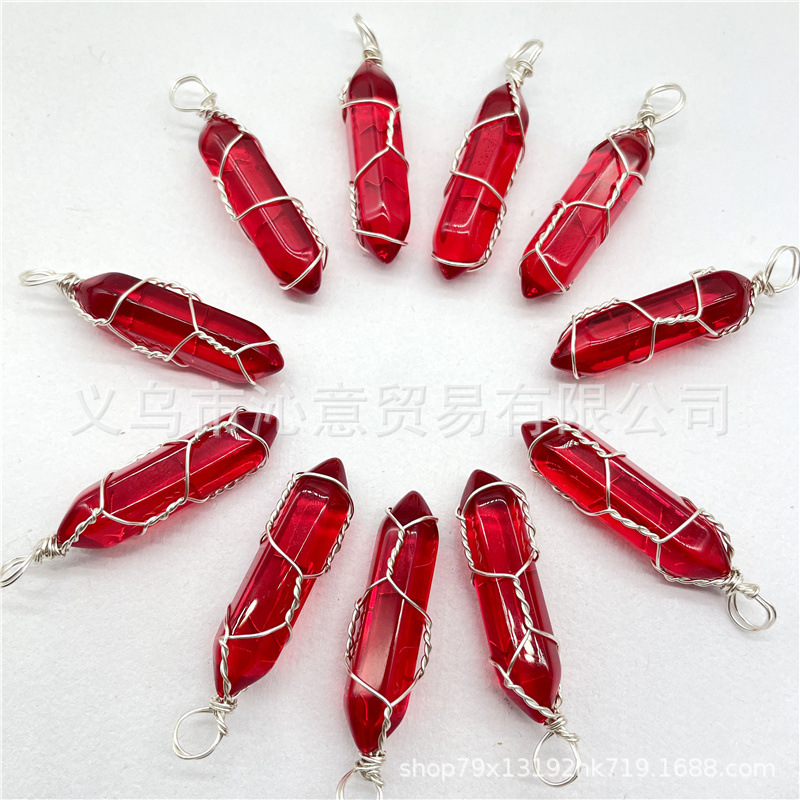 Comercio exterior caliente bobina hexagonal columna colgante collar de cristal natural hecho a mano de plata hilo bala joyería al por mayor