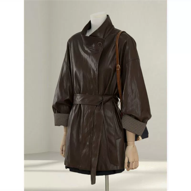 Coffee autumn polyurethane jacket, high-quality style, oversize, loose fit