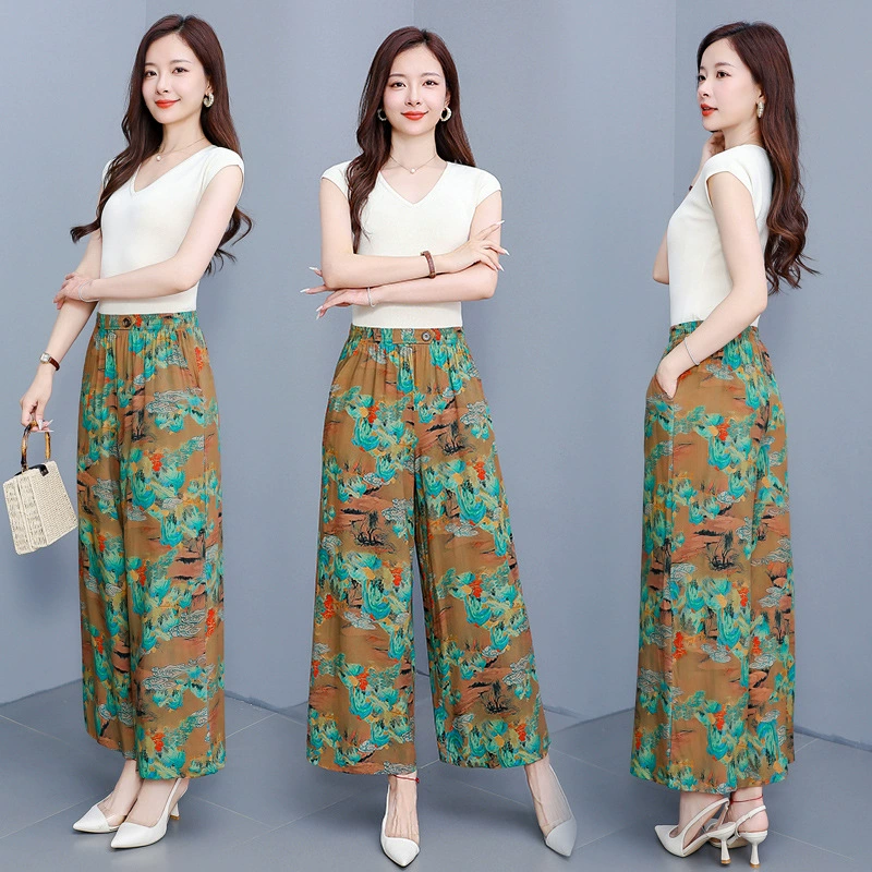 Стильные шелковые принты свободные минималистские повседневные брюки Летние тощие прямые брюки большого размера ретро дикие брюки