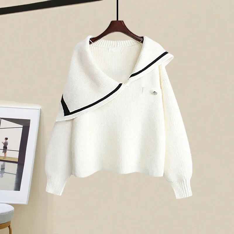 Damenbekleidung Große Größen Herbst- und Winteranzüge für Damen Neue lockere Marineblau-Kragenpullover Schlanker Rock Zweiteiliger Anzug Trendy_voghion.com