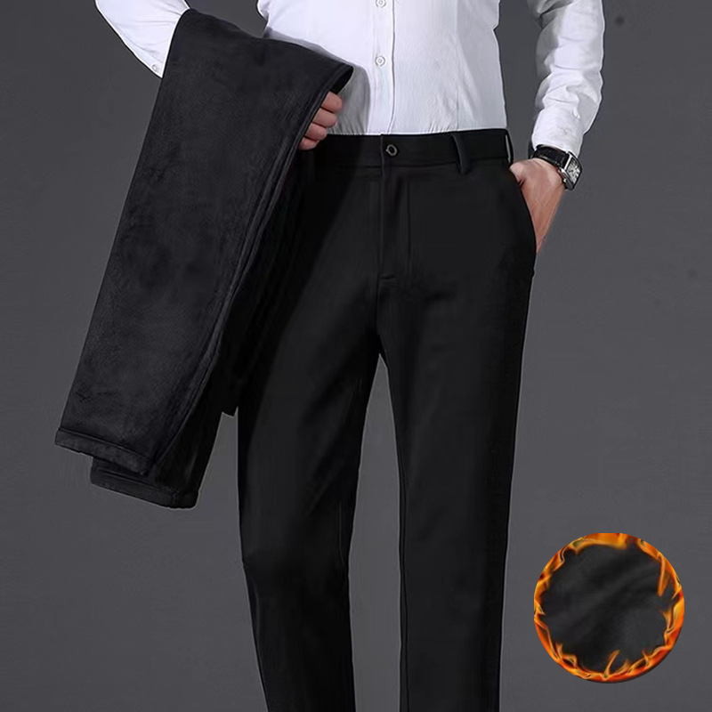 Autumn and winter velvet padded business pants men's casual pants stretch men's pants middle-aged loose straight suit pants men's