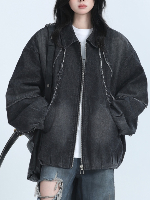 美式复古重工水洗毛边牛仔外套男女秋季新款宽松小众嘻哈潮牌夹克|undefined