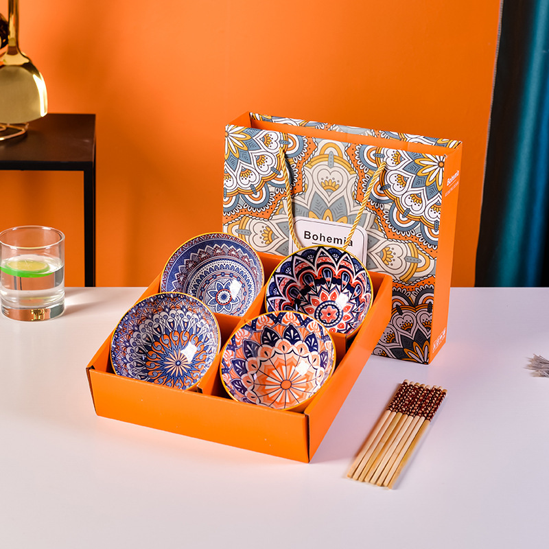 Ceramic Creative Gift Bowl Chopsticks Set Gift Box Household Tableware Japanese Tableware Bohemian Bowl Ceramic Creative Gift Bowl Chopsticks Set Gift Box Household Tableware Japanese Tableware Bohemian Bowl