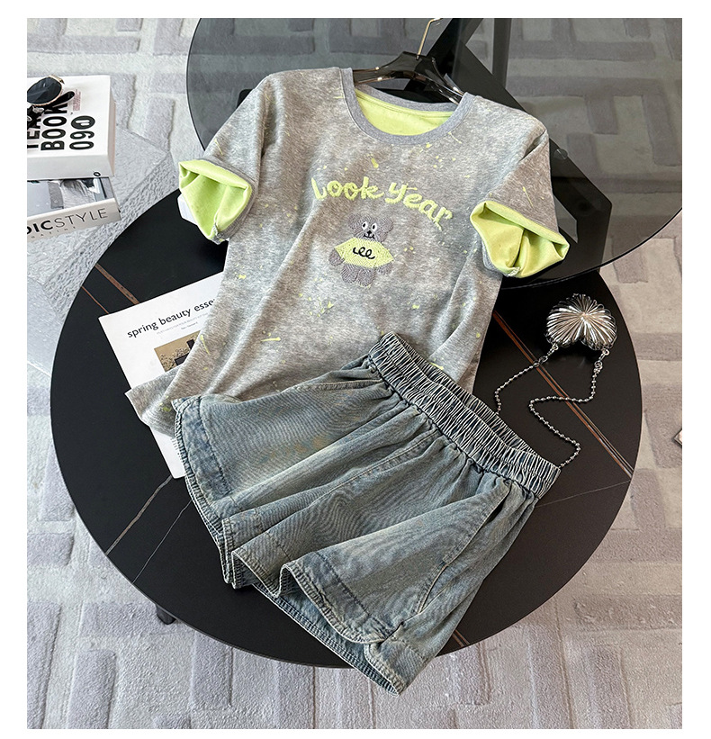 Women's Clothing Casual Fashion Sports Suit For Women Summer New Round Neck Bear Embroidery Tie Dye Top Loose Jeans Two Piece Suit_ecoleips.com
