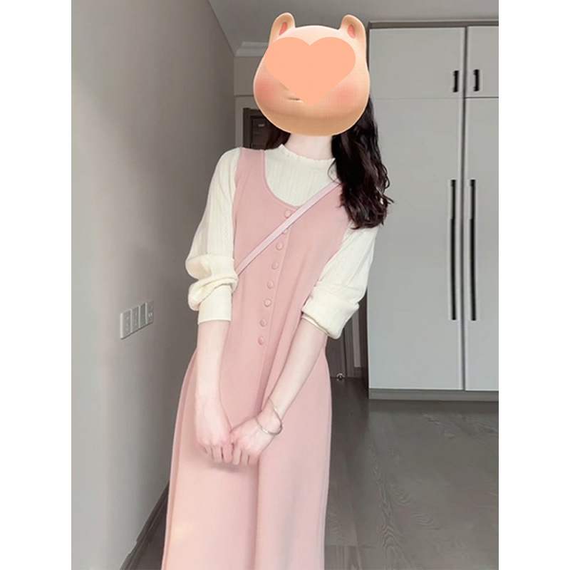 背心连衣裙子女早秋韩系穿搭粉色甜美春秋2025新款针织长裙两件套|undefined