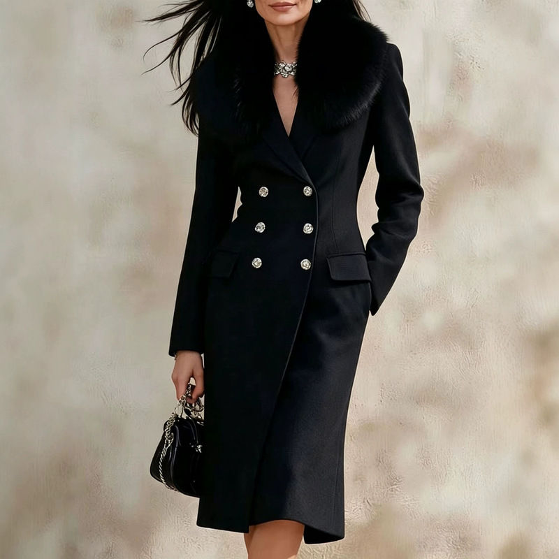 2026 European and American autumn/winter retro fur-trimmed suit coat dress, double-breasted, fitted, and knee-length 2026 European and American autumn/winter retro fur-trimmed suit coat dress, double-breasted, fitted, and knee-length