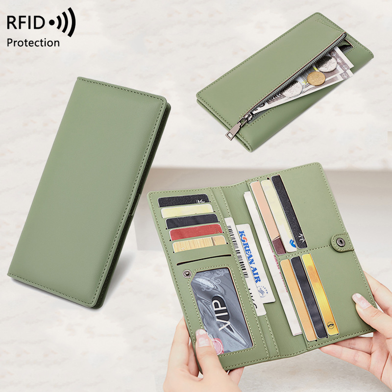국경 간 새로운 RFID 도난 방지 브러시 숙녀 지갑 PU 단색 초박형 신용 카드 가방 지퍼 버클 긴 지갑