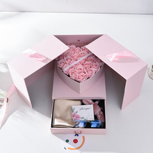 新款創意雙開門大號首飾香水禮盒 心形玫瑰香皂花雙層鮮花禮品盒