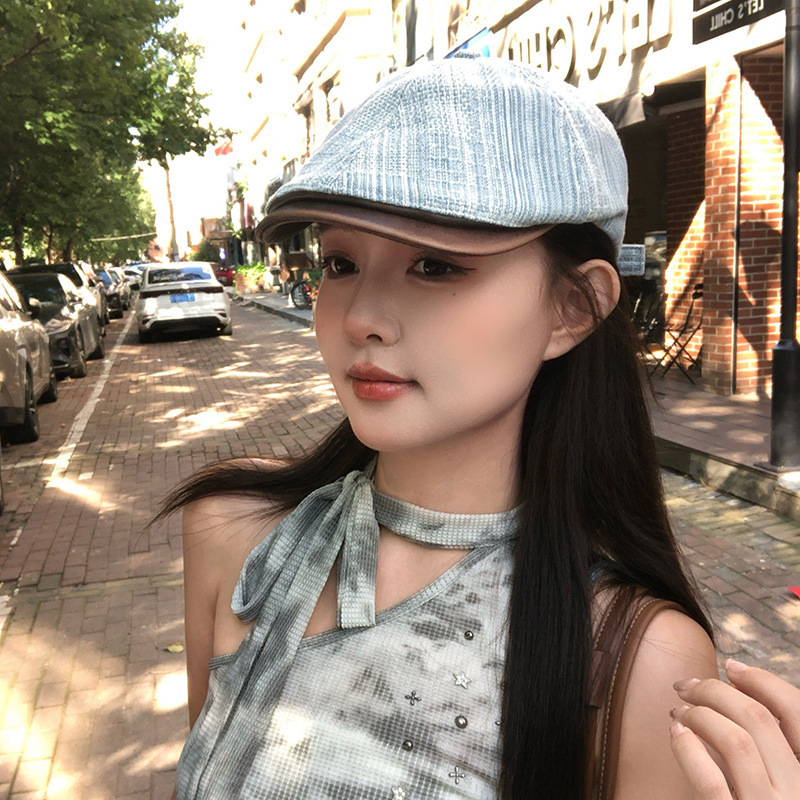 日系复古条纹拼色牛仔前进帽女夏季百搭显脸小贝雷帽报童画家帽子|undefined