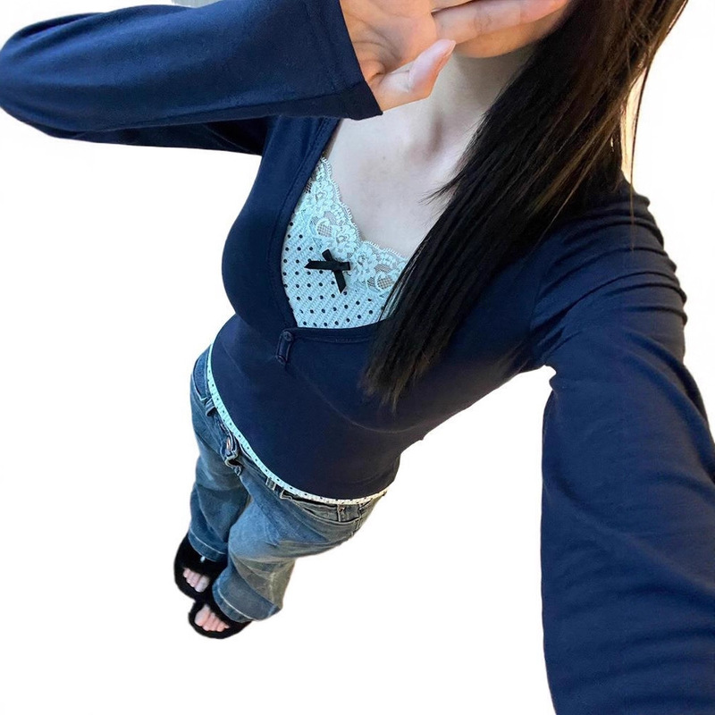 美式甜辣复古修身假两件打底衫上衣女秋冬V领纯欲紧身显瘦长袖T恤|undefined