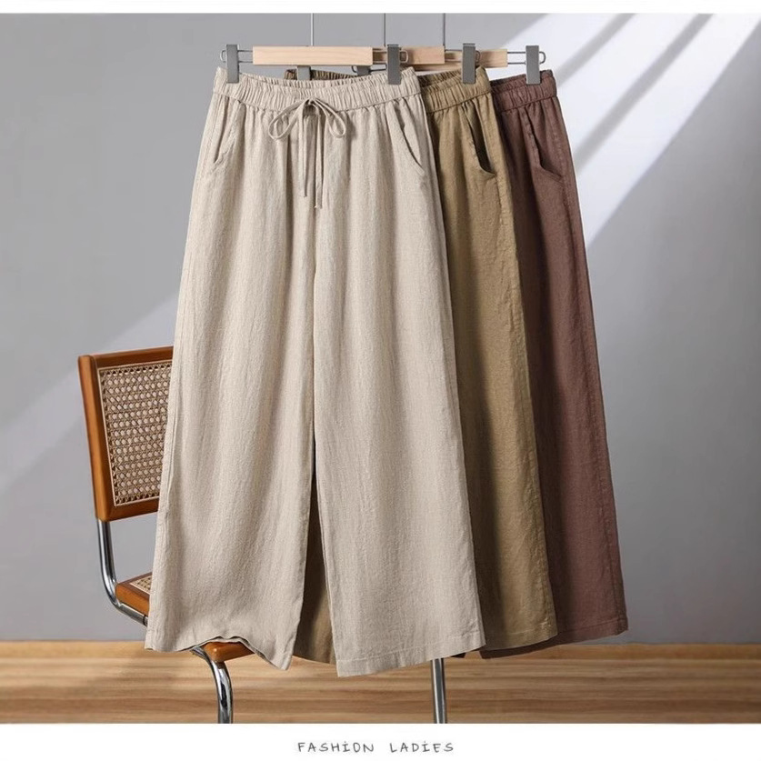 Cotton and Linen Wide-Leg Pants for Women, Spring, Autumn and Summer Korean Style High-Waisted Large Size Linen Nine-Point Pants Drawstring Straight Thin Casual Pants