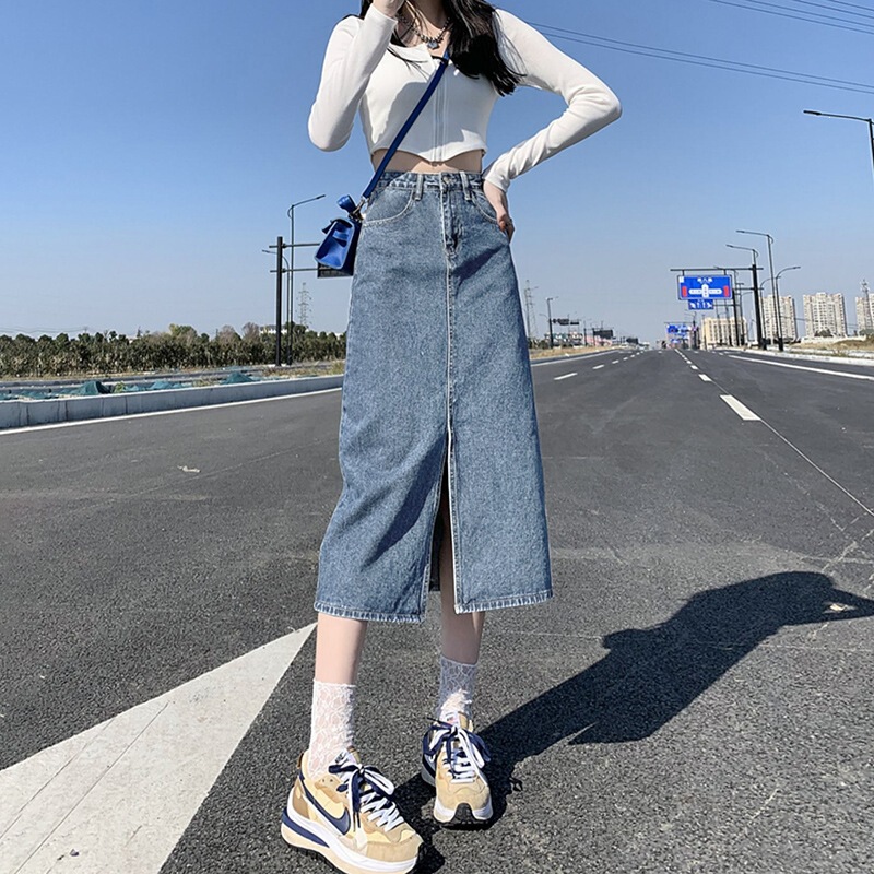 Korean-Style High-Waisted Retro Front-Slit Denim Skirt for Women, Petite Size, Slimming, Hip-Covering, A-Line, Mid-Length, Bodycon Skirt Korean-Style High-Waisted Retro Front-Slit Denim Skirt for Women, Petite Size, Slimming, Hip-Covering, A-Line, Mid-Length, Bodycon Skirt