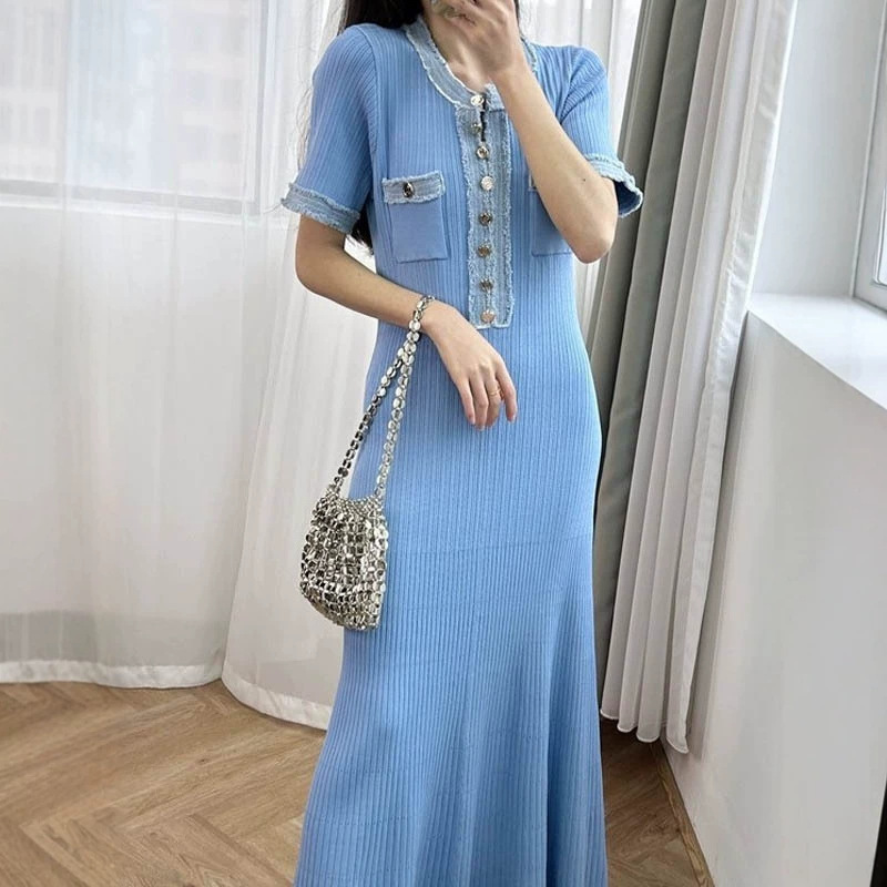 Cross-Border French-Style New Short-Sleeve Patchwork Denim Knit Flared Dress, Simple and Elegant Long Dress, Slim-Fit Sweater