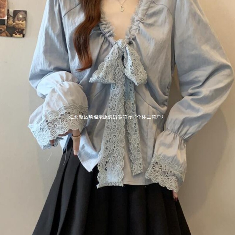 Autumn New Style Bell Sleeve Tie Shirt Women's Large Size Fat Lace Babydoll Shirt Bow Top
