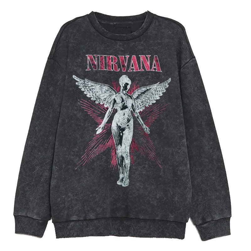 2025 Autumn/Winter Nirvana Band Rock Angel American Retro Distressed Washed Long Sleeve Crew Neck Sweatshirt 2025 Autumn/Winter Nirvana Band Rock Angel American Retro Distressed Washed Long Sleeve Crew Neck Sweatshirt