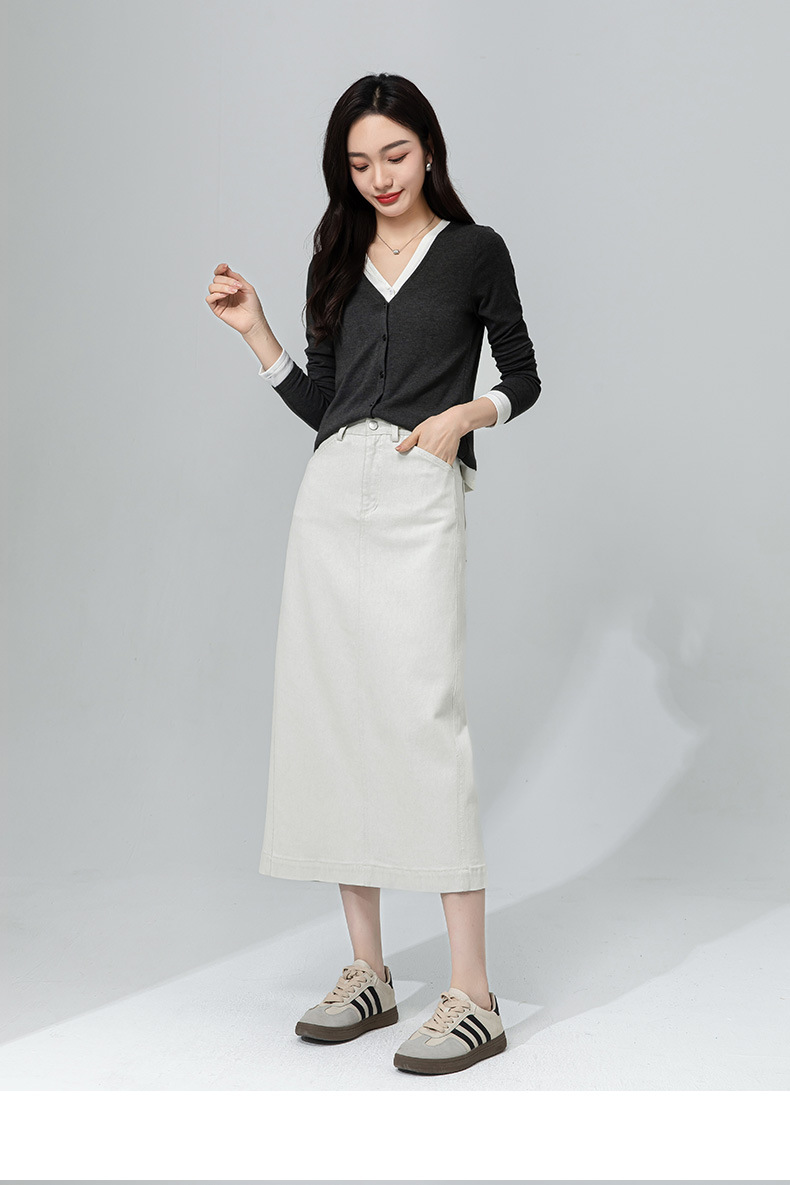 Váy denim trắng nữ cạp cao bút chì phong cách tối giản dài midi — Màu xám trắng chi tiết 21