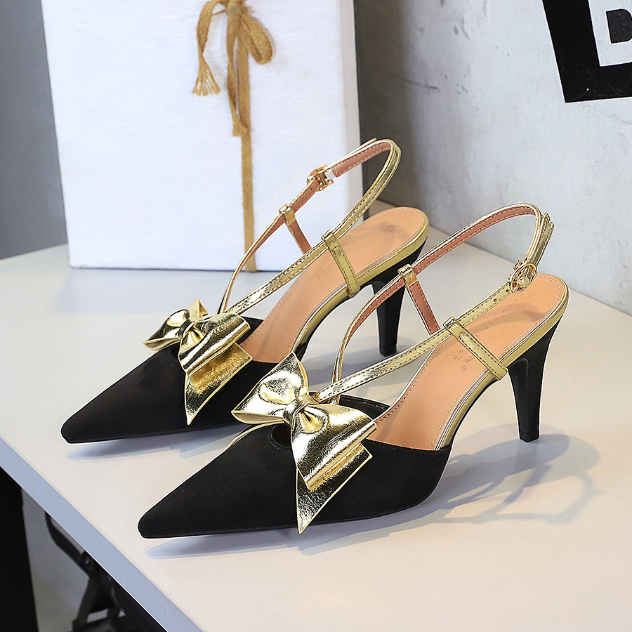 1383-2 French Style Banquet Velvet Pointed High Heels One-Strap Color-Block Bowknot Single Hollow Women's Shoes_vogvips.com