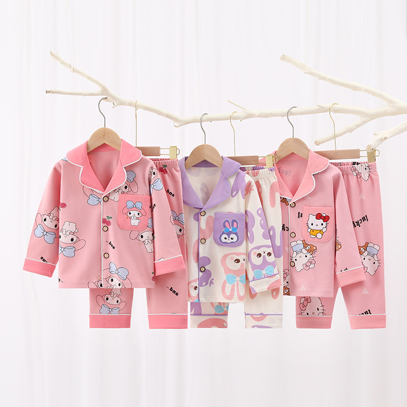 Children's Pajamas, Spring and Autumn Style, Cardigan with Lapel, 100% Pure Cotton, Unisex, Medium and Large Size, Home Wear Set, Custom Cartoon Pattern