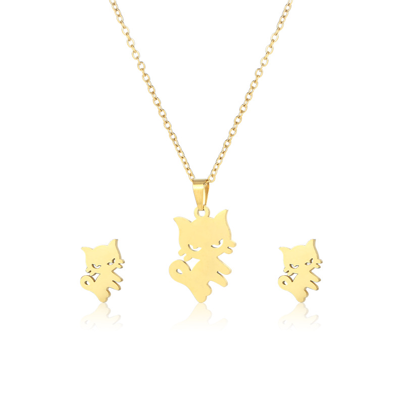 fashion cute kitten pendant stainless steel necklace ear stud set