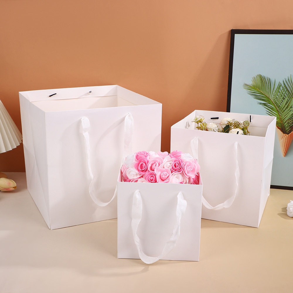 方形手提袋白卡纸鲜花包装袋礼物袋七夕礼品包装袋白色简约礼品袋