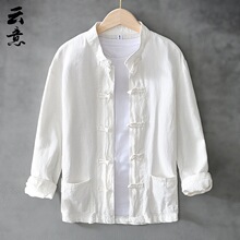 shirt秋季亚麻衬衫男盘扣中式外套Мужская рубашка