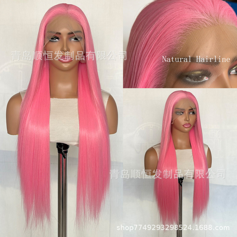 European and American Style Long Lace Front Pink Straight Hair Wigs for Women, Heat-Resistant Synthetic Fiber Full Wigs, Wholesale from Qingdao Factory