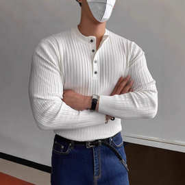 轻熟风亨利领坑条纹毛衣男款春秋松弛感修身肌肉男健身针织打底衫
