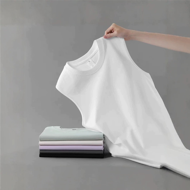 250g Heavyweight T-Shirt, Pure Cotton Sleeveless Wide-Shoulder Vest, Small Neckline Men's Shirt, Sleeveless Sports White T-Shirt, Loose Fit for Summer