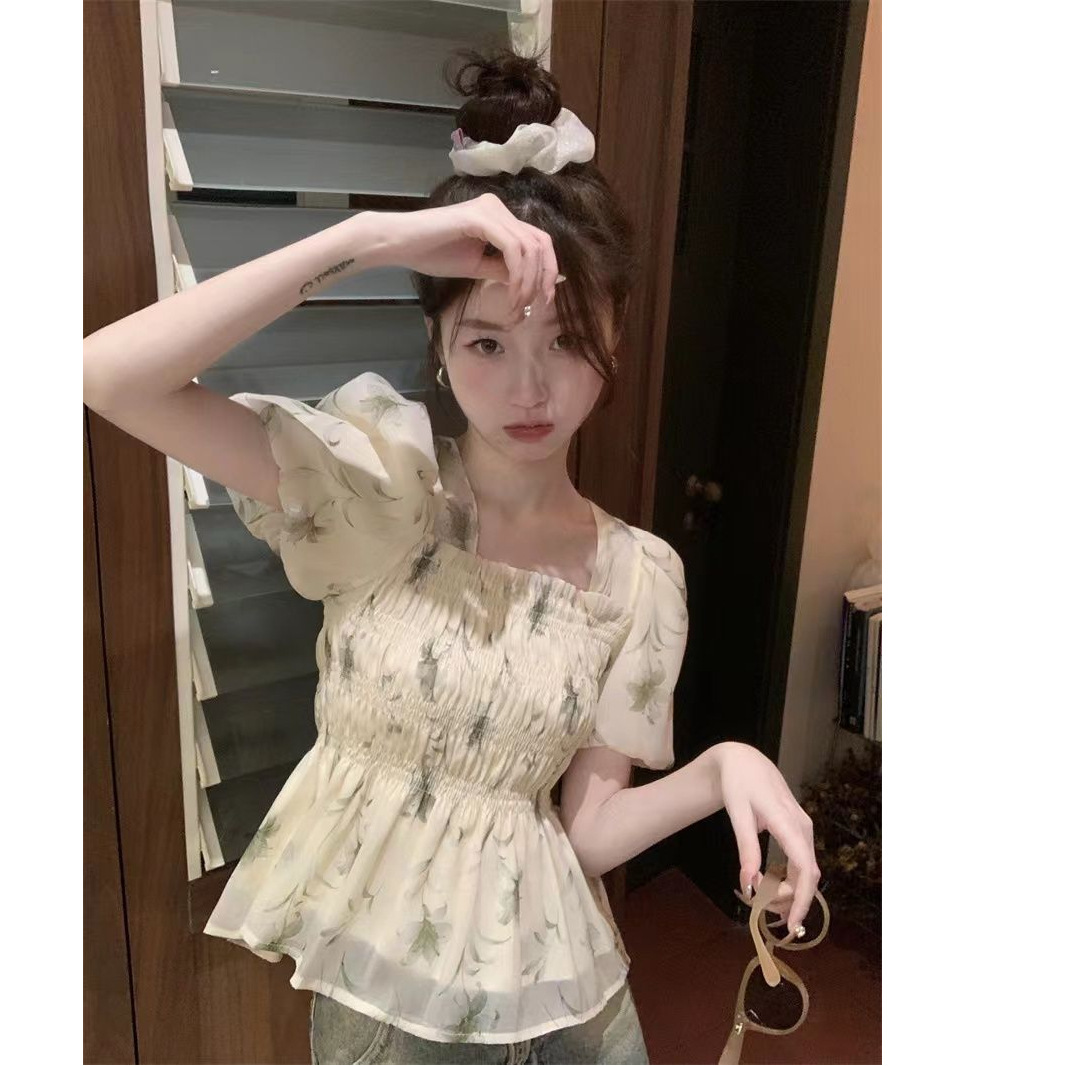 여름 루즈한 스퀘어 넥 퍼프 슬리브 디자인 틈새 자외선 차단 셔츠 여성 한국식 달콤한 꽃무늬 쉬폰 셔츠
