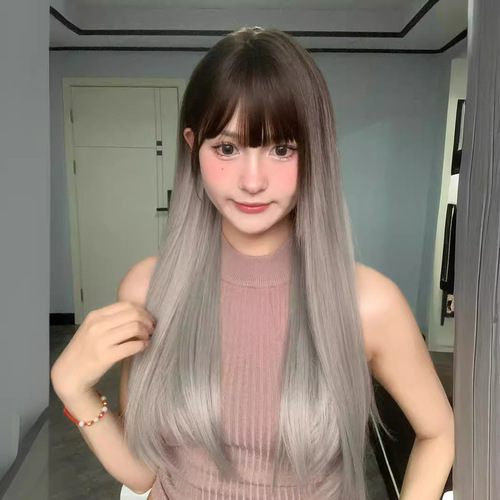 Cheng Ming wig female black brown gradient gray long straight hair round face natural fluffy sweet internet celebrity summer full headgear style