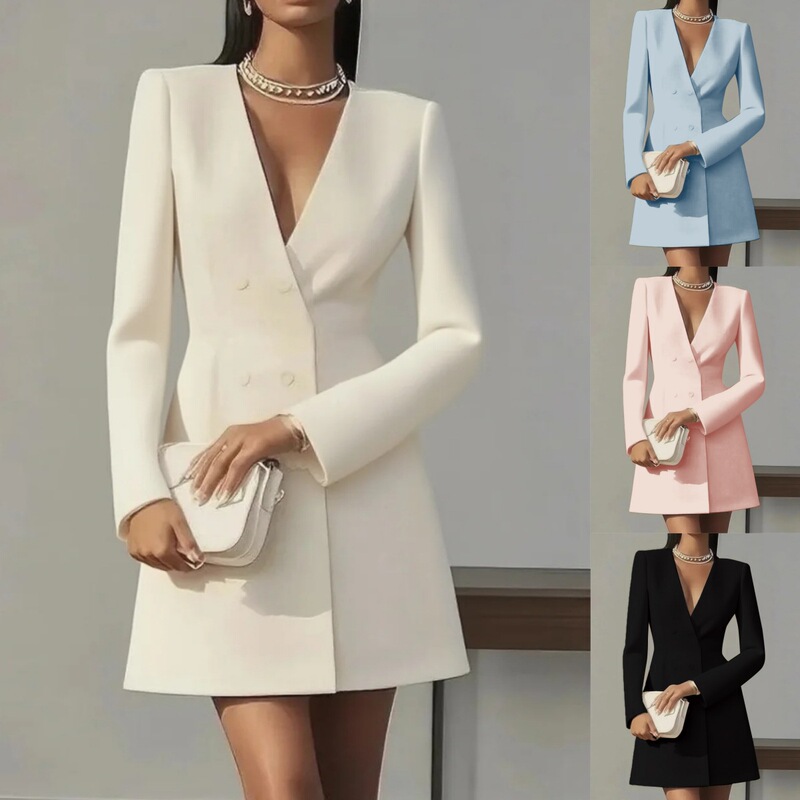 2025 Independent Website Amazon Hot-Selling Foreign Trade Long-Sleeve Double-Breasted Solid Color V-Neck Suit French Dress for Women 2025 Independent Website Amazon Hot-Selling Foreign Trade Long-Sleeve Double-Breasted Solid Color V-Neck Suit French Dress for Women