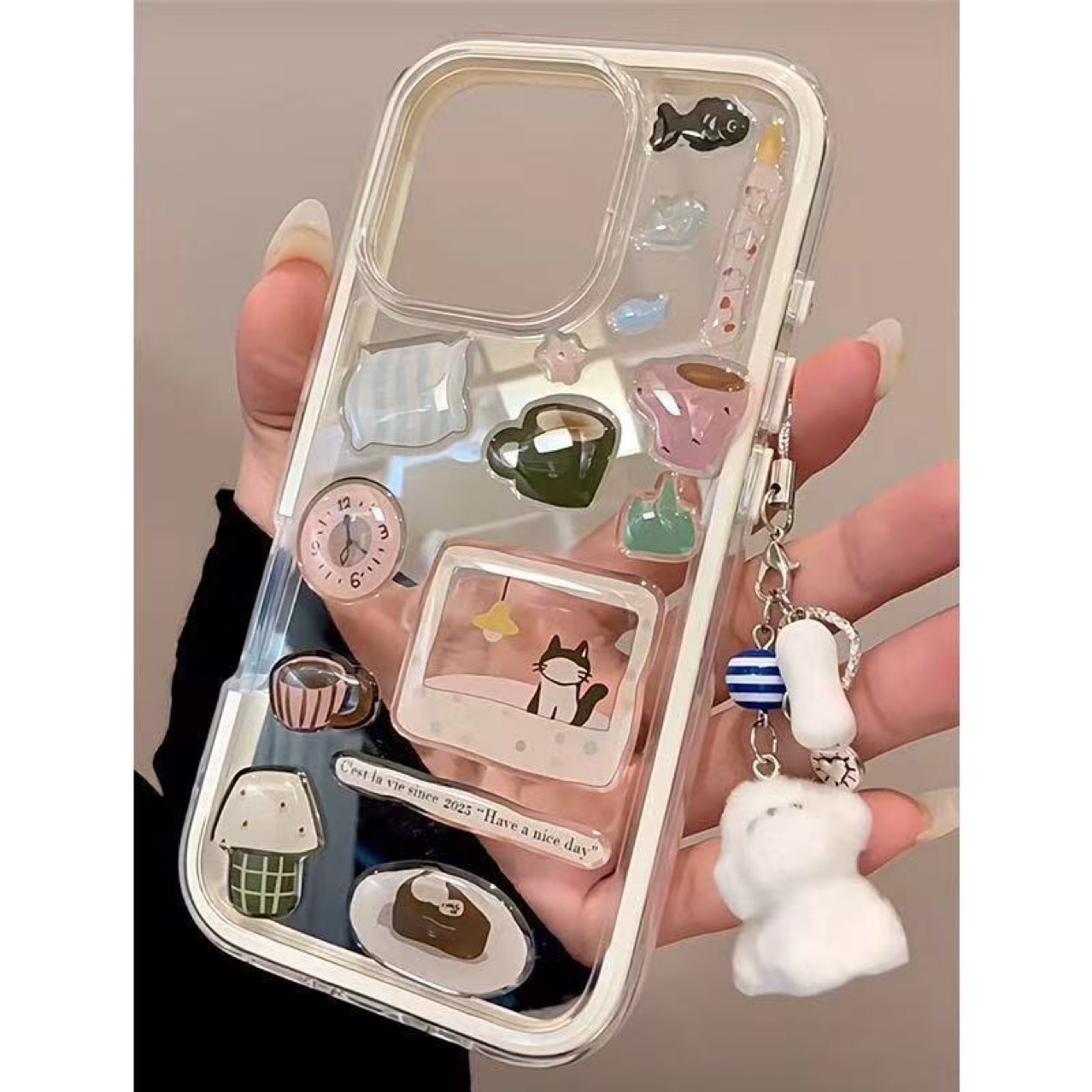 立体闹钟小黑猫适用iPhone16苹果15手机壳14promax高级13炫彩12女